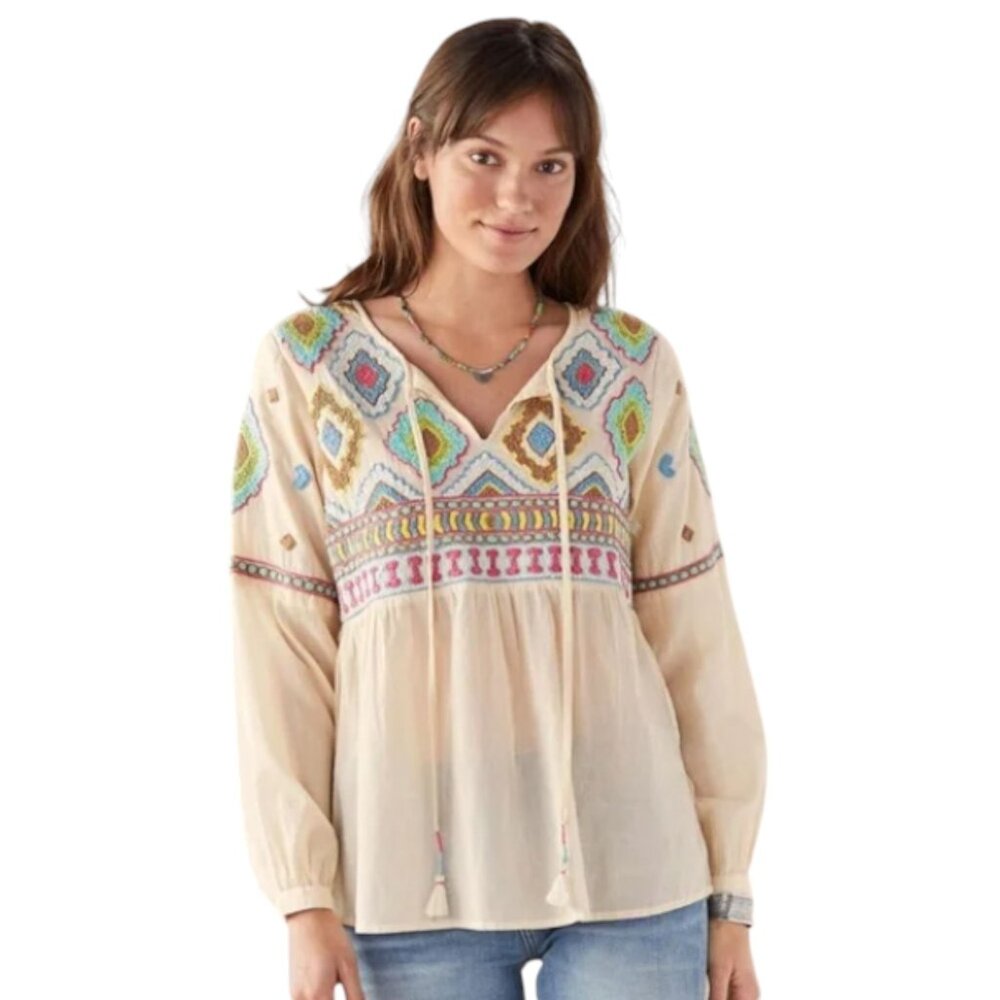 Tolani Boho Embroidered Cotton Cream Tunic Top Blouse Women's Sml Peasant Hippie